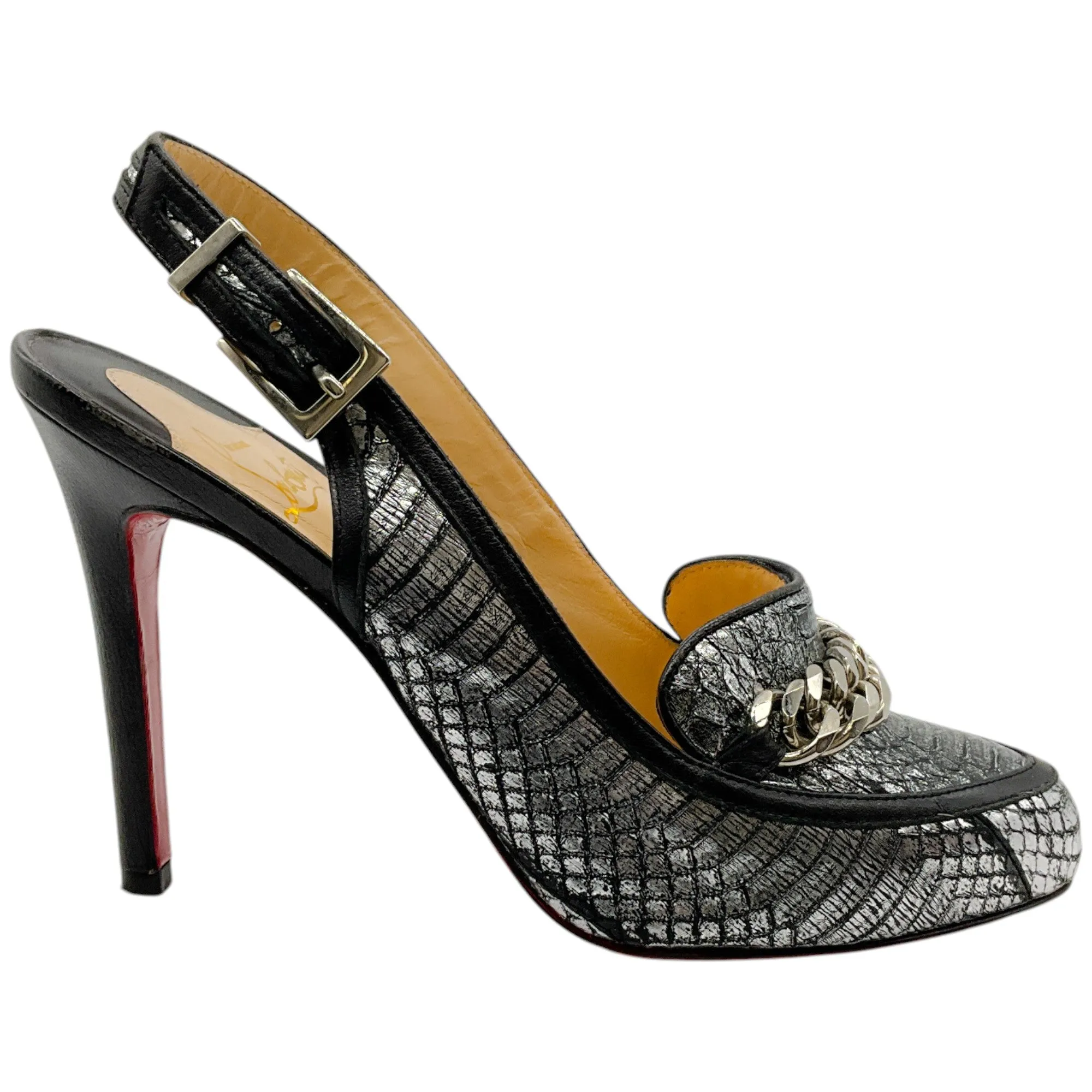 Christian Louboutin Black / Silver Snake Slingback Pumps with Chain Detail