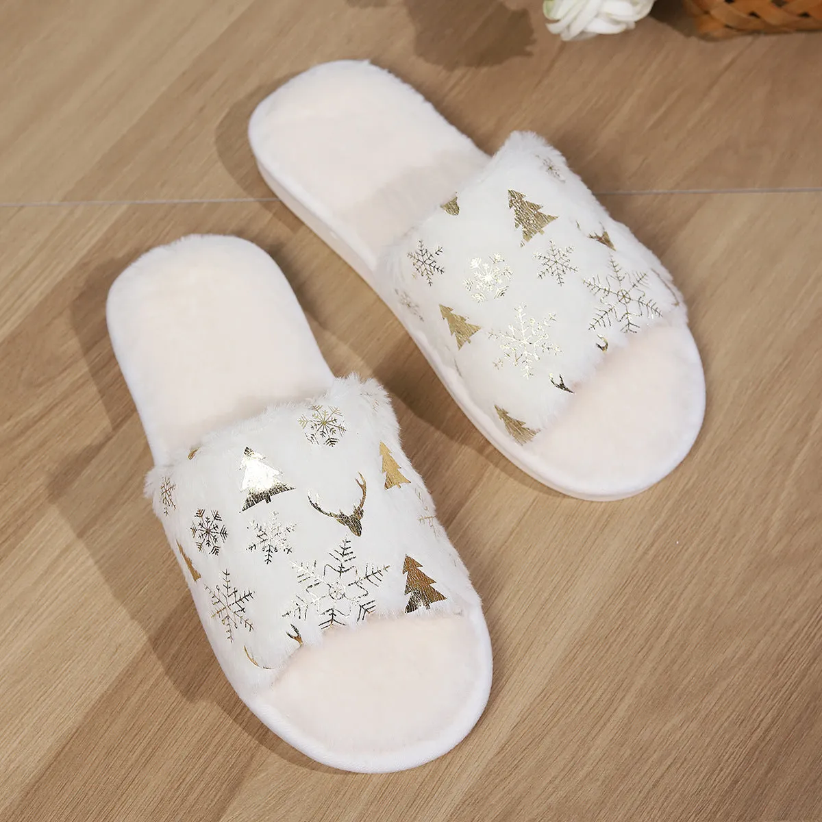 Christmas Plush Slippers Fashion Open-toed Home