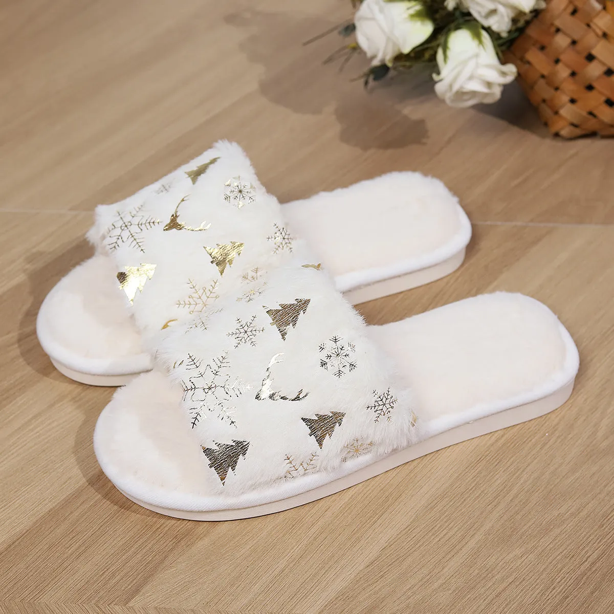 Christmas Plush Slippers Fashion Open-toed Home