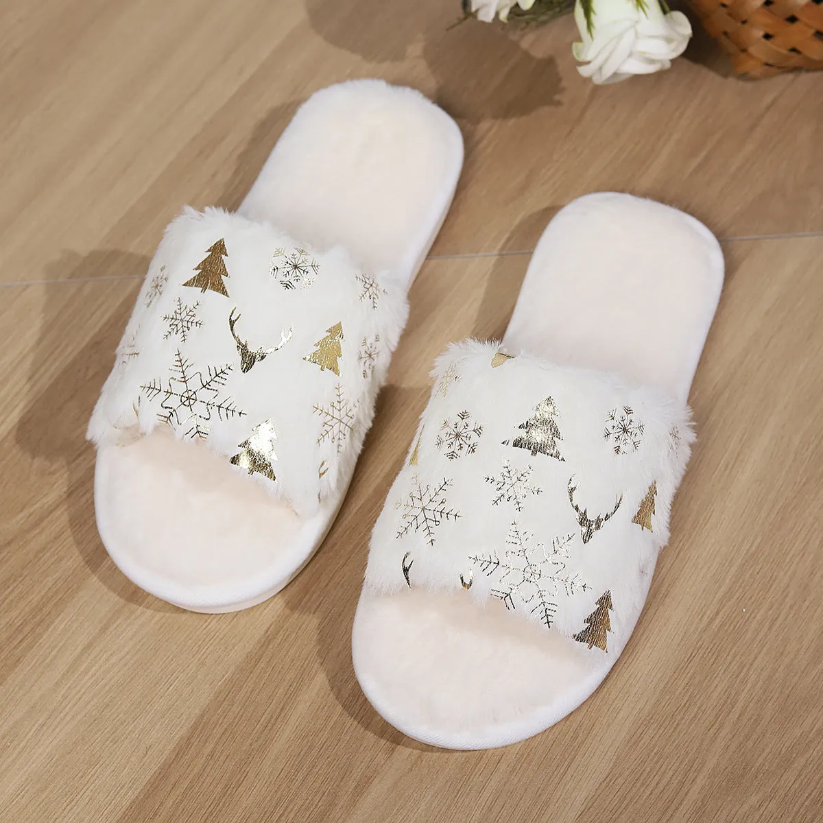 Christmas Plush Slippers Fashion Open-toed Home