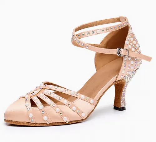 Closed Toe Ballroom Dance Shoes Nude Rhinestone Pearls Waltz Shoes