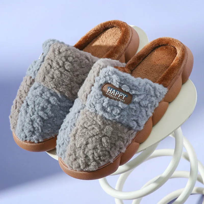 Color-matching Home Slippers Winter EVA Thick-soled Warm Plush Cotton Slippers Women Men Indoor Anti Slip House Shoes