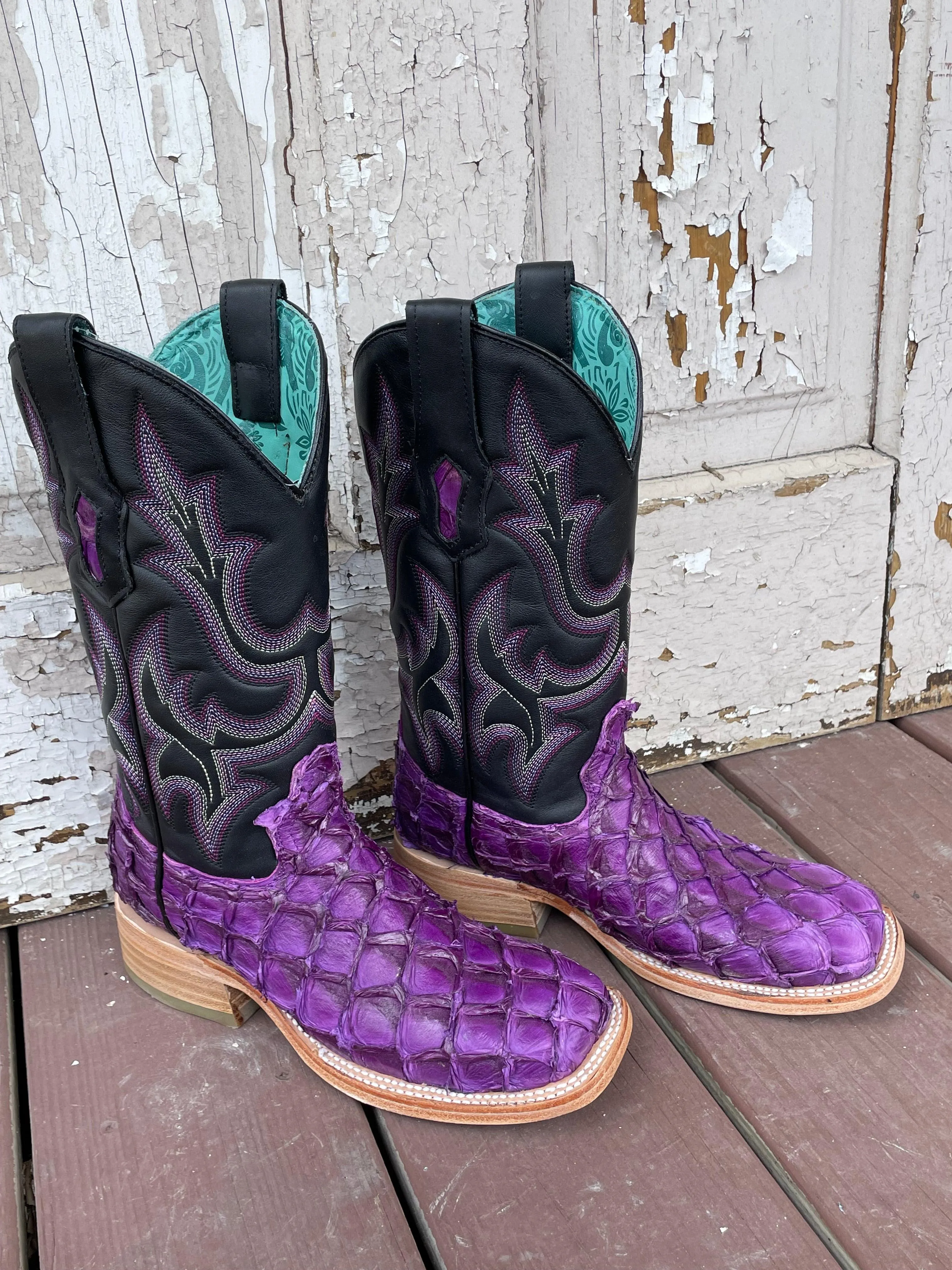 Corral Women's Purple & Black Big Bass Pirarucu Arapaima Square Toe Cowgirl Boots A4385