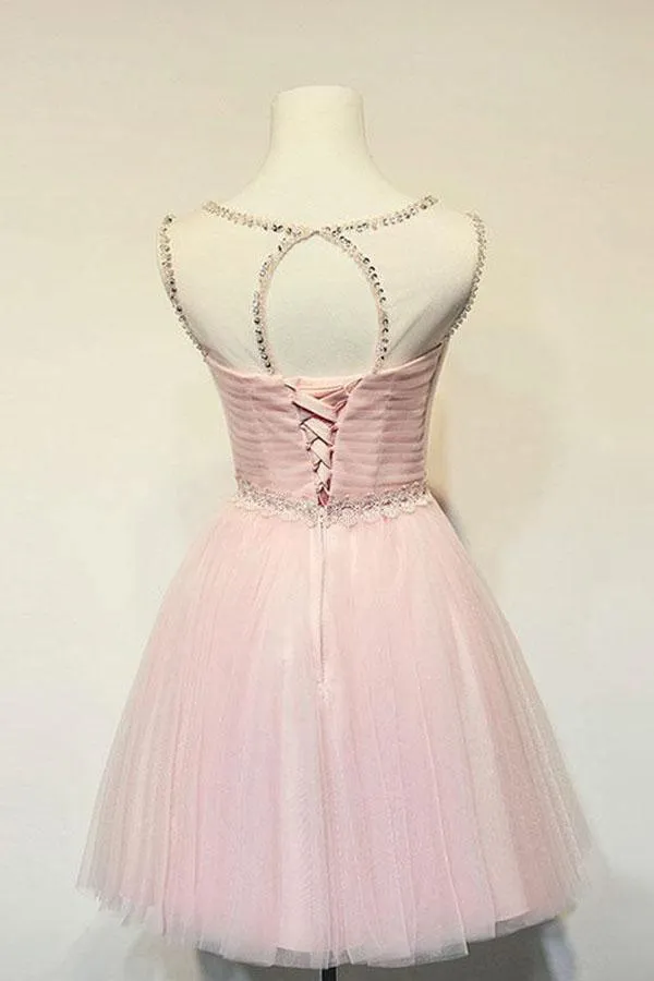 Cute A-line Round Neck Pink Tulle Short Prom Dress Homecoming Dresses  PD131