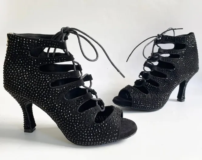 Dance Heels Boots Black Rhinestone Ballroom Dance Boots