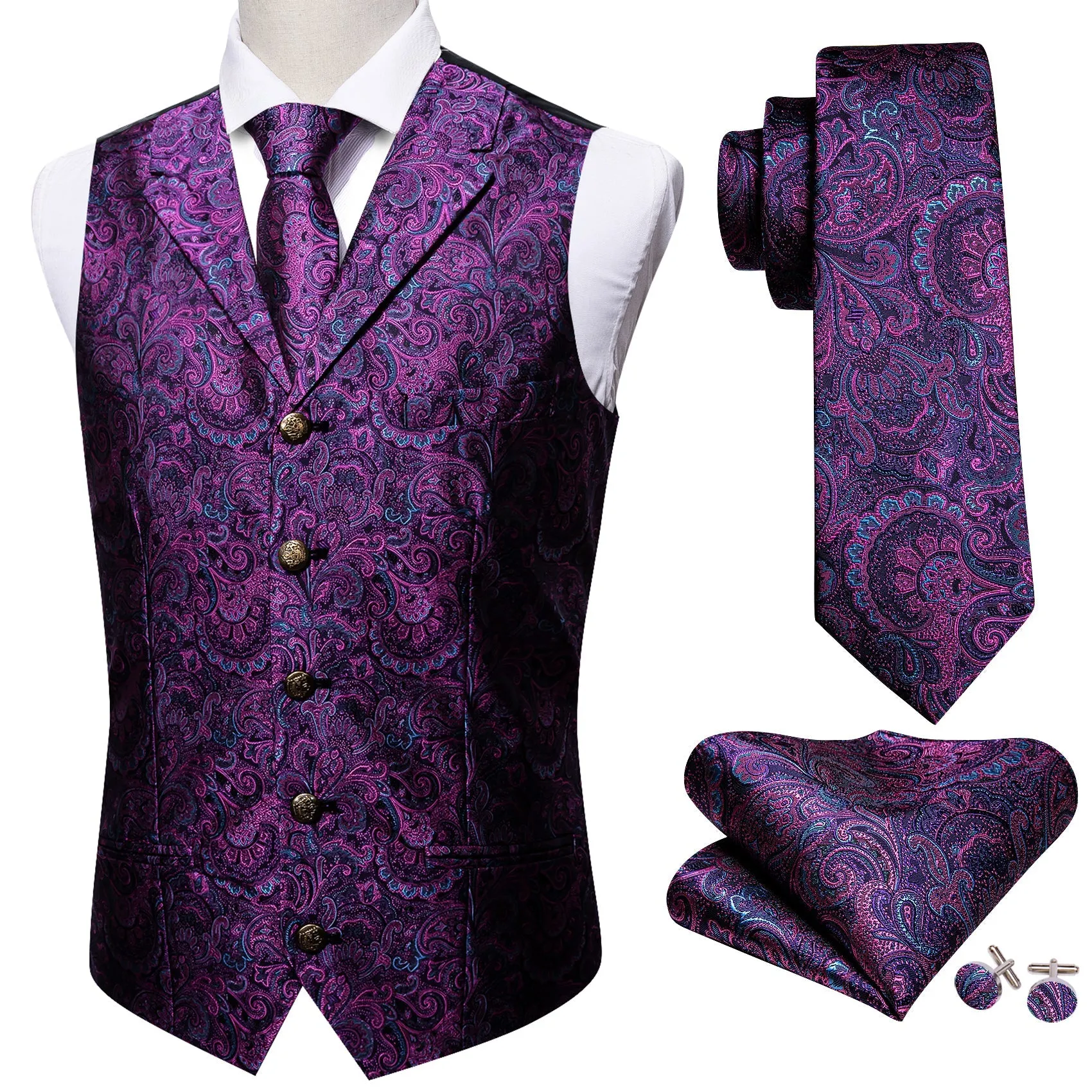 Dark Purple Paisley Metal Button Jacquard Silk Men's Vest Hanky Cufflinks Tie Set