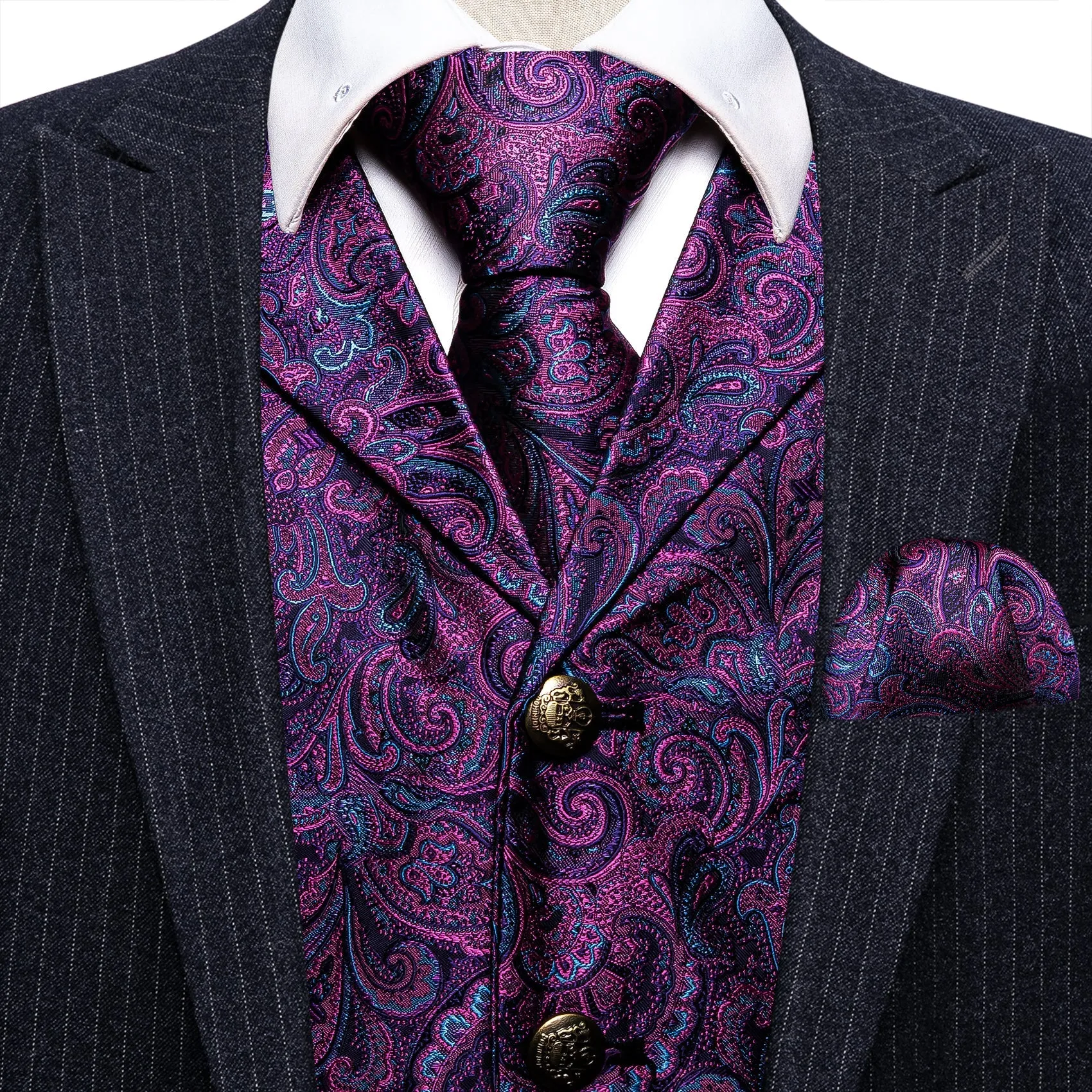 Dark Purple Paisley Metal Button Jacquard Silk Men's Vest Hanky Cufflinks Tie Set