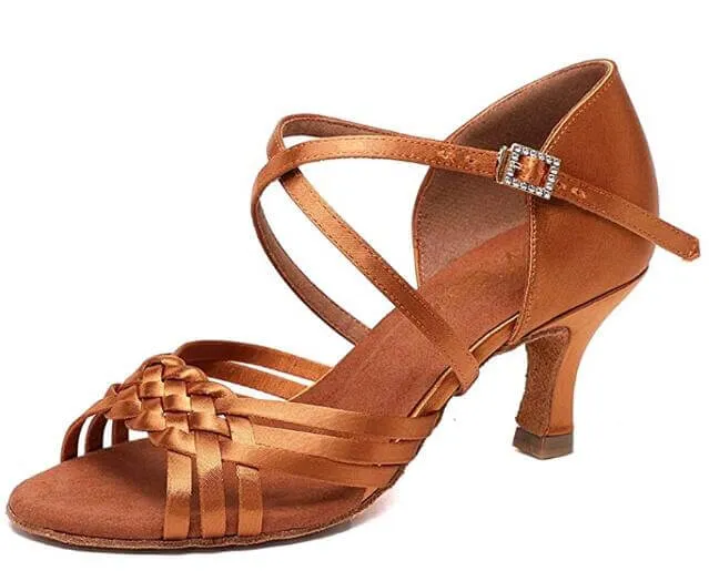 Dark Tan Satin Latin Salsa Dance Shoes