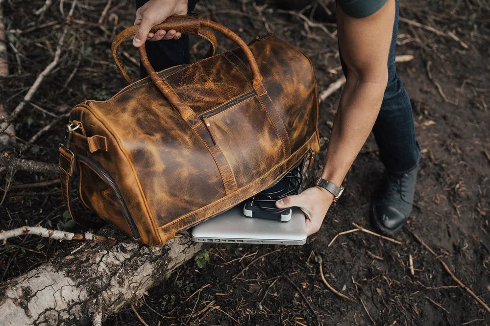 Dazzlo Top Grain Leather Duffel Bag 45L - Antique Brown/Dark Walnut/Midnight Black - 21"