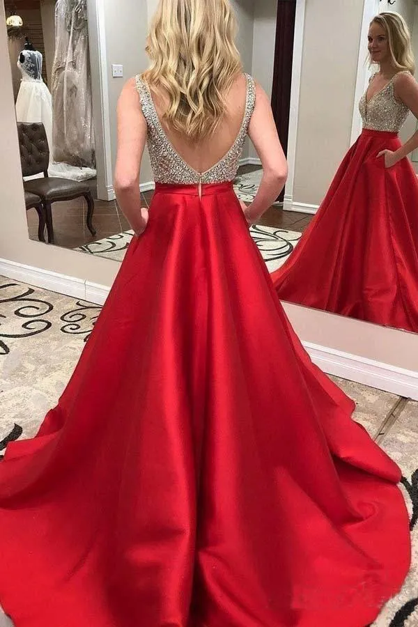 Deep V-neck Beaded Red Satin Prom Dresses with Pocket Formal Dresses  PG938