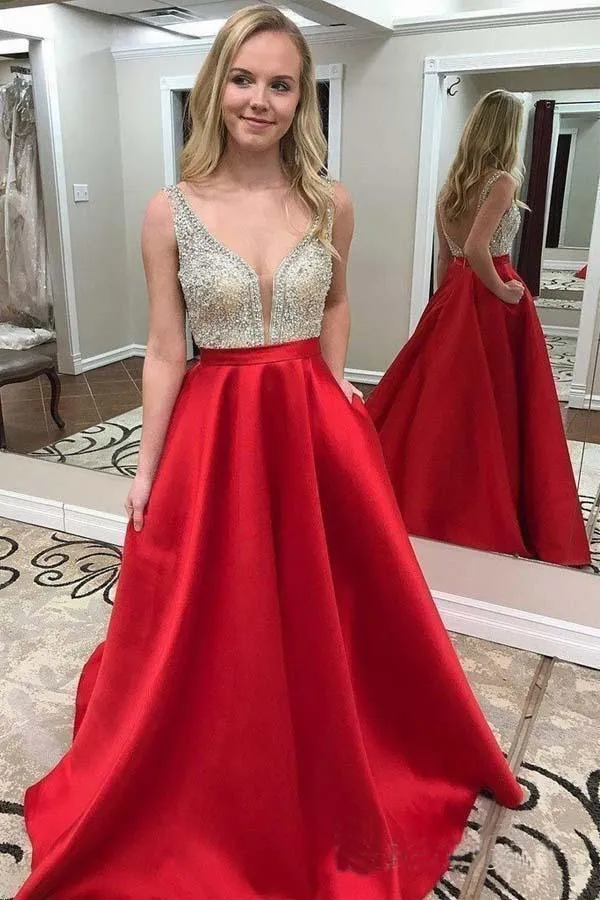 Deep V-neck Beaded Red Satin Prom Dresses with Pocket Formal Dresses  PG938