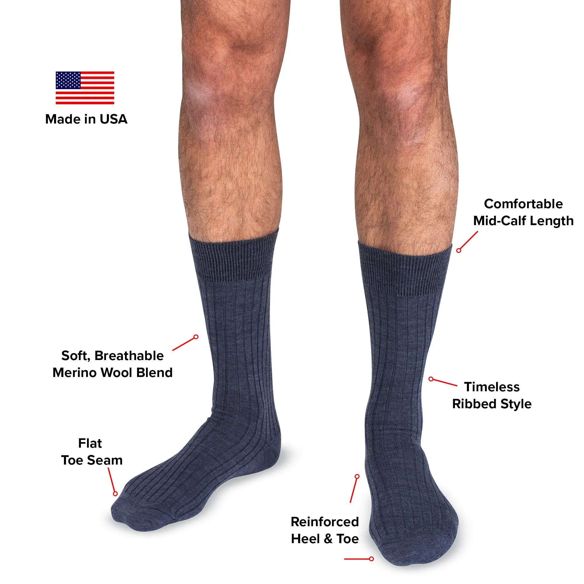 Denim Heather Merino Wool Mid Calf Dress Socks