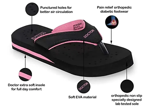 DOCTOR EXTRA SOFT Care Diabetic Orthopedic Pregnancy Flat Super Comfort Dr Flipflops and House Slippers For Women's and Girl's D-18-Black Pink-7 UK