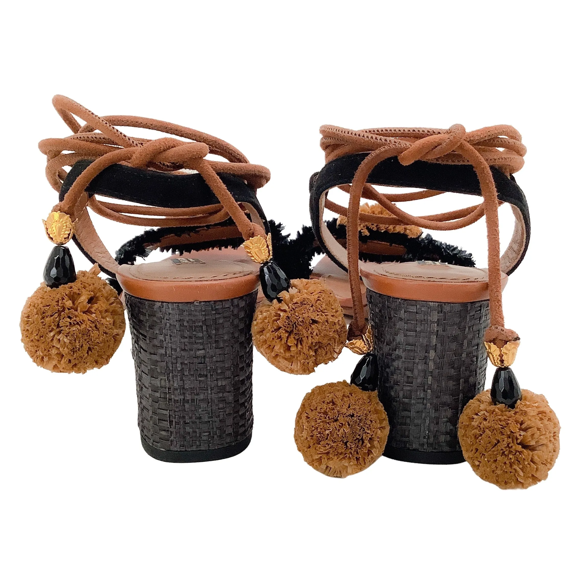 Dolce & Gabbana Brown / Black Raffia Ankle Tie Sandals