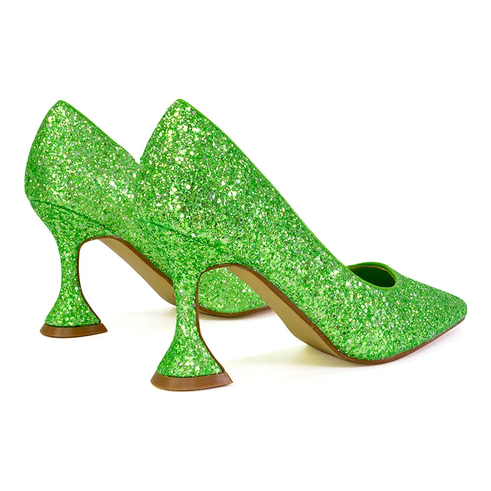 Dragonfruit Glitter Pumps Pointed Toe Sparkly Glitter Heel Court Shoes in Green