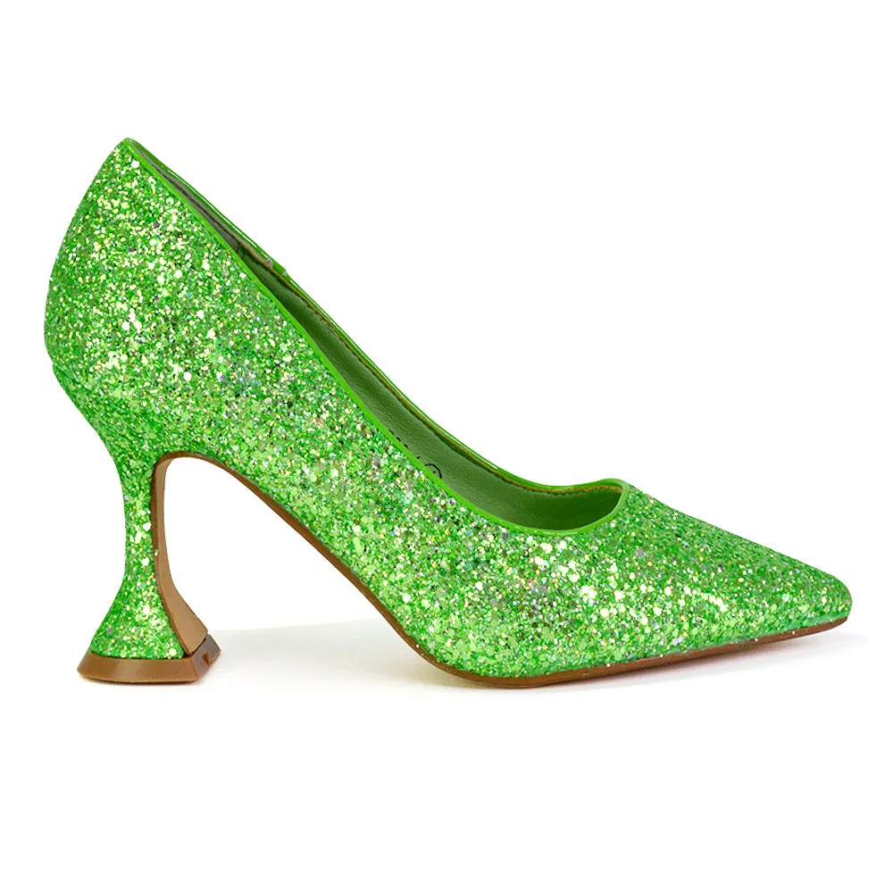 Dragonfruit Glitter Pumps Pointed Toe Sparkly Glitter Heel Court Shoes in Green