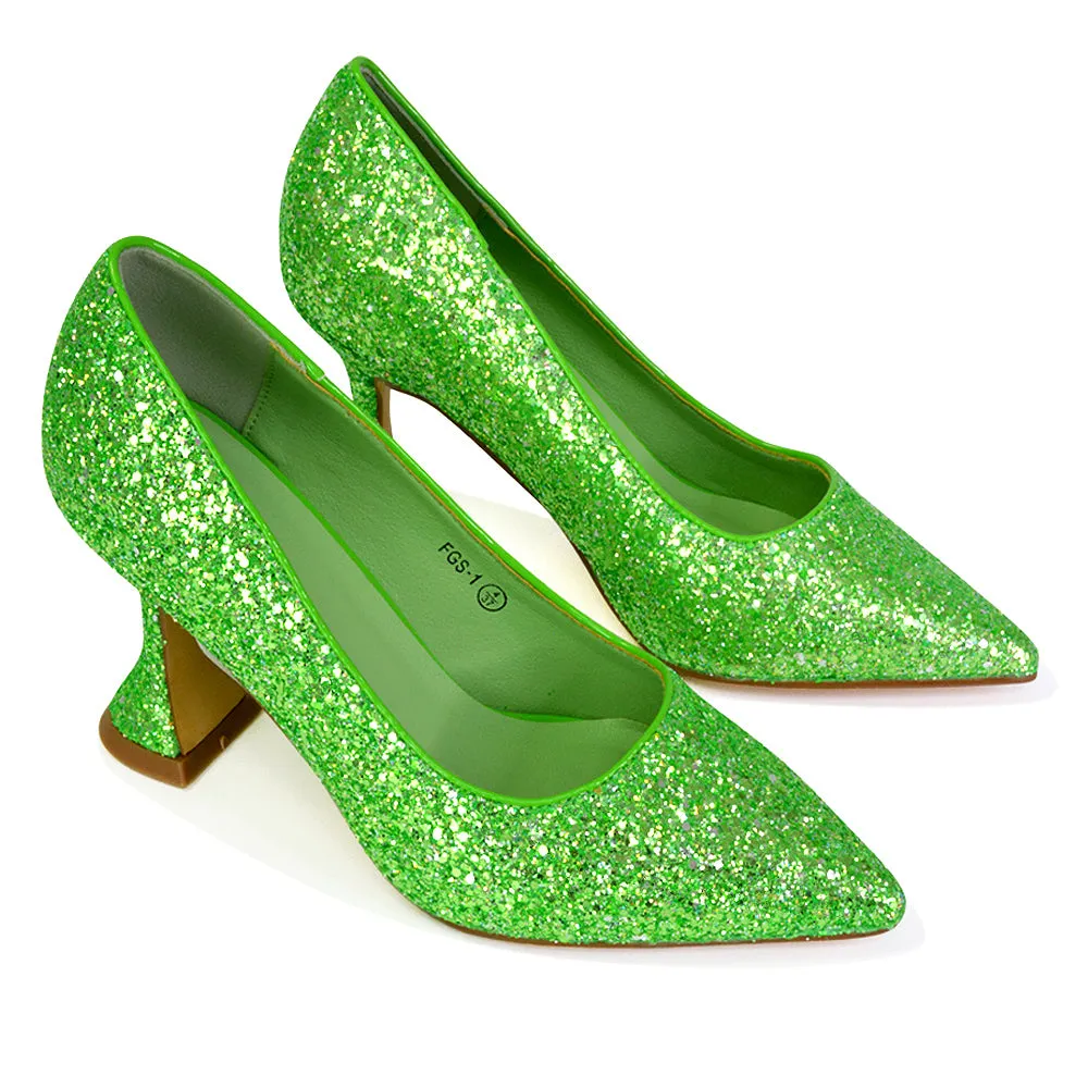 Dragonfruit Glitter Pumps Pointed Toe Sparkly Glitter Heel Court Shoes in Green