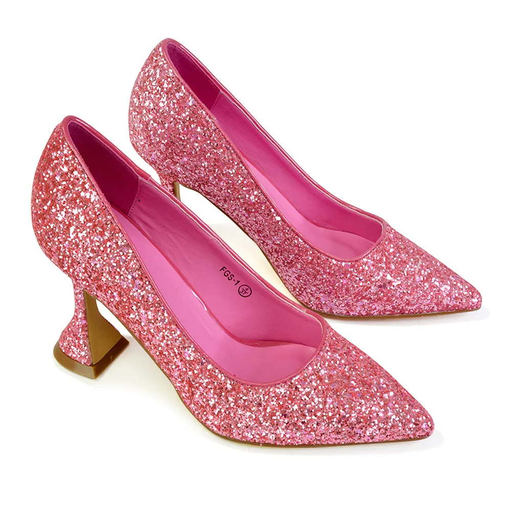 Dragonfruit Glitter Pumps Pointed Toe Sparkly Glitter Heel Court Shoes in Green