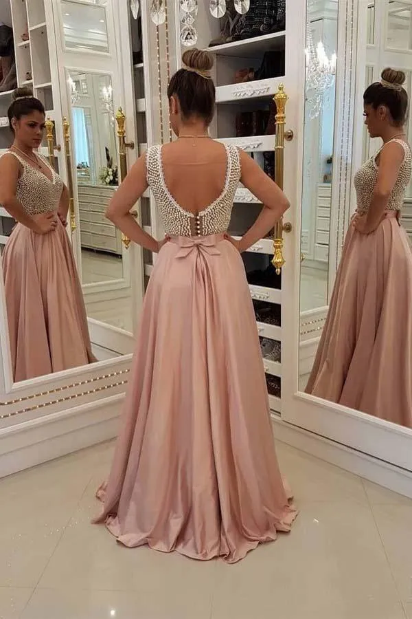 Elegant Blush Pink Long Prom Dresses Unique Pearls Bodice Evening Dress  PG841