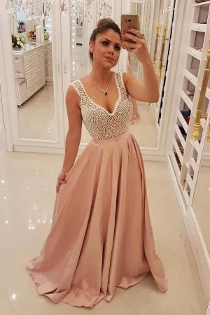 Elegant Blush Pink Long Prom Dresses Unique Pearls Bodice Evening Dress  PG841