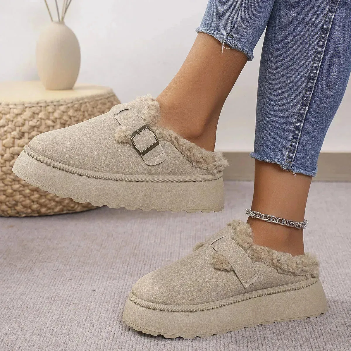 Fashion Thick-soled Plush Buckle Cotton Slippers Winter Indoor And Outdoor Casual Warm Shoes Women Garden Slipper