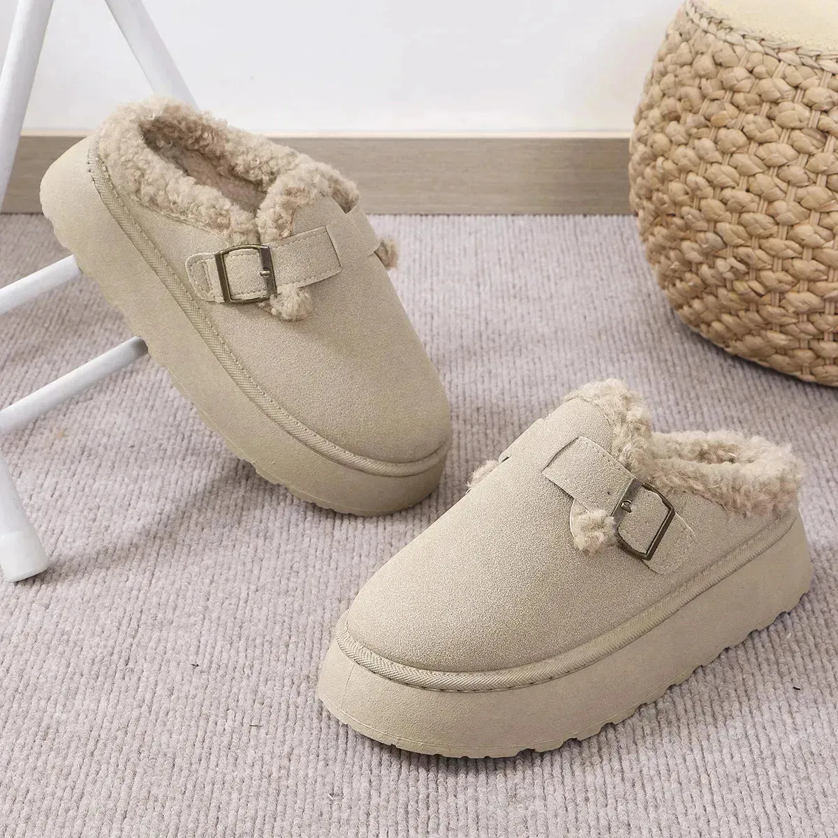 Fashion Thick-soled Plush Buckle Cotton Slippers Winter Indoor And Outdoor Casual Warm Shoes Women Garden Slipper