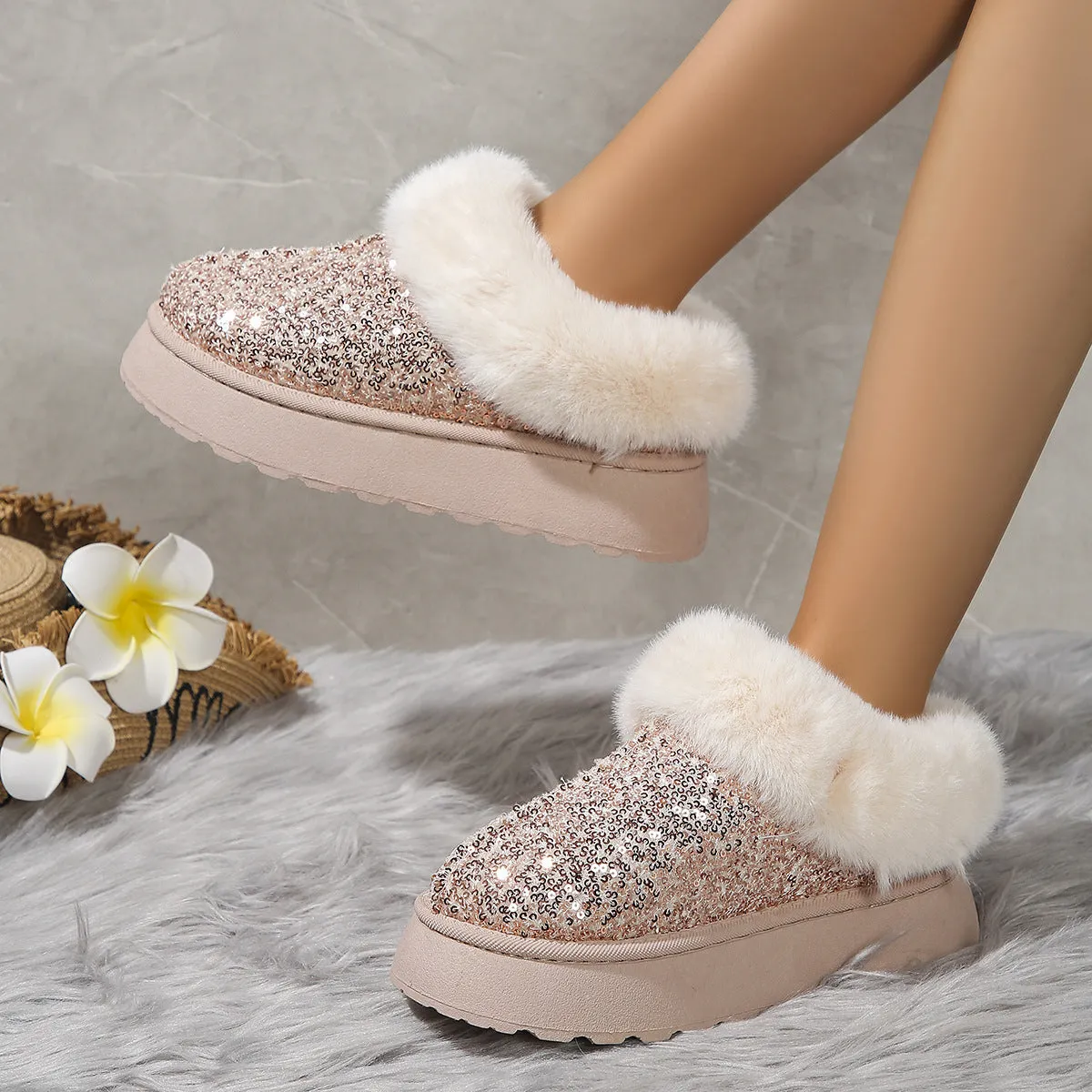 Fashion  Warm Slippers Sequined Thick-soled