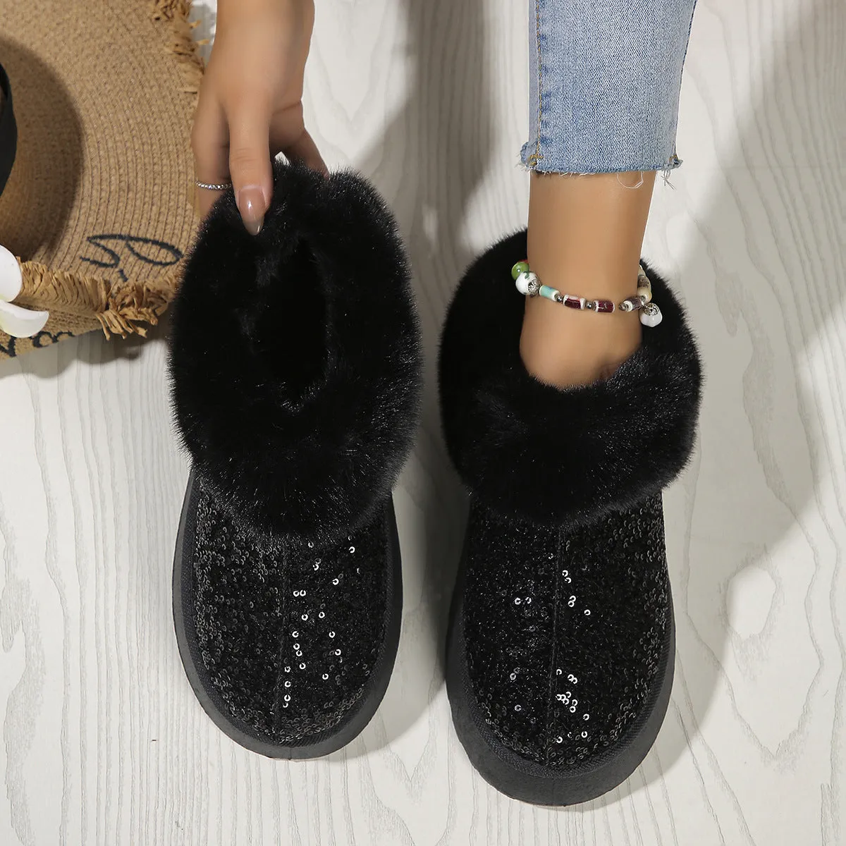 Fashion  Warm Slippers Sequined Thick-soled