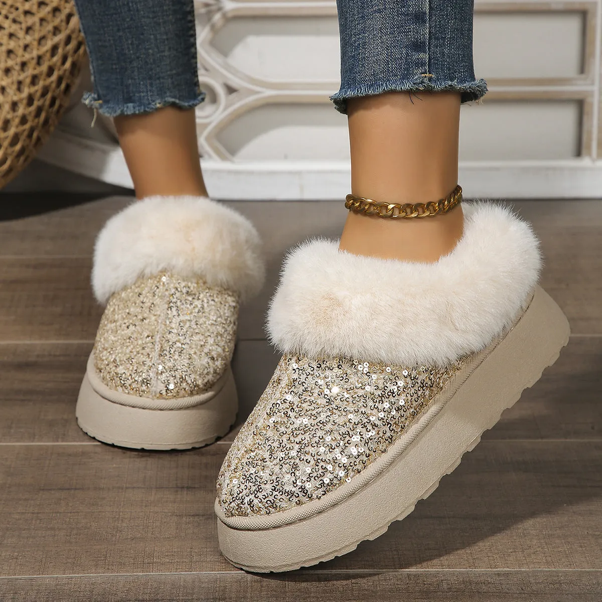 Fashion  Warm Slippers Sequined Thick-soled