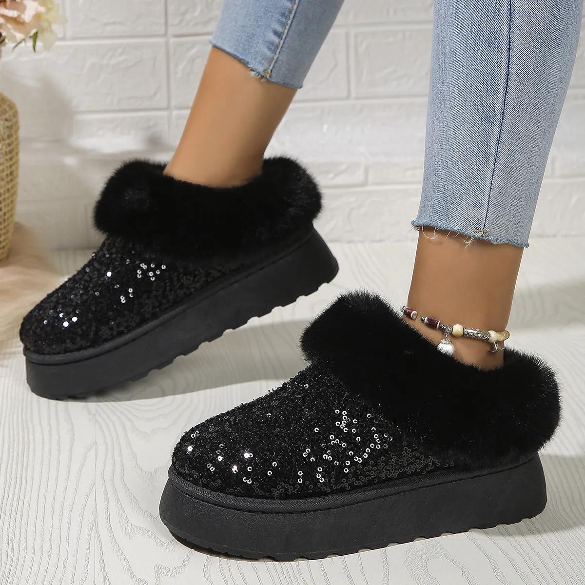 Fashion  Warm Slippers Sequined Thick-soled