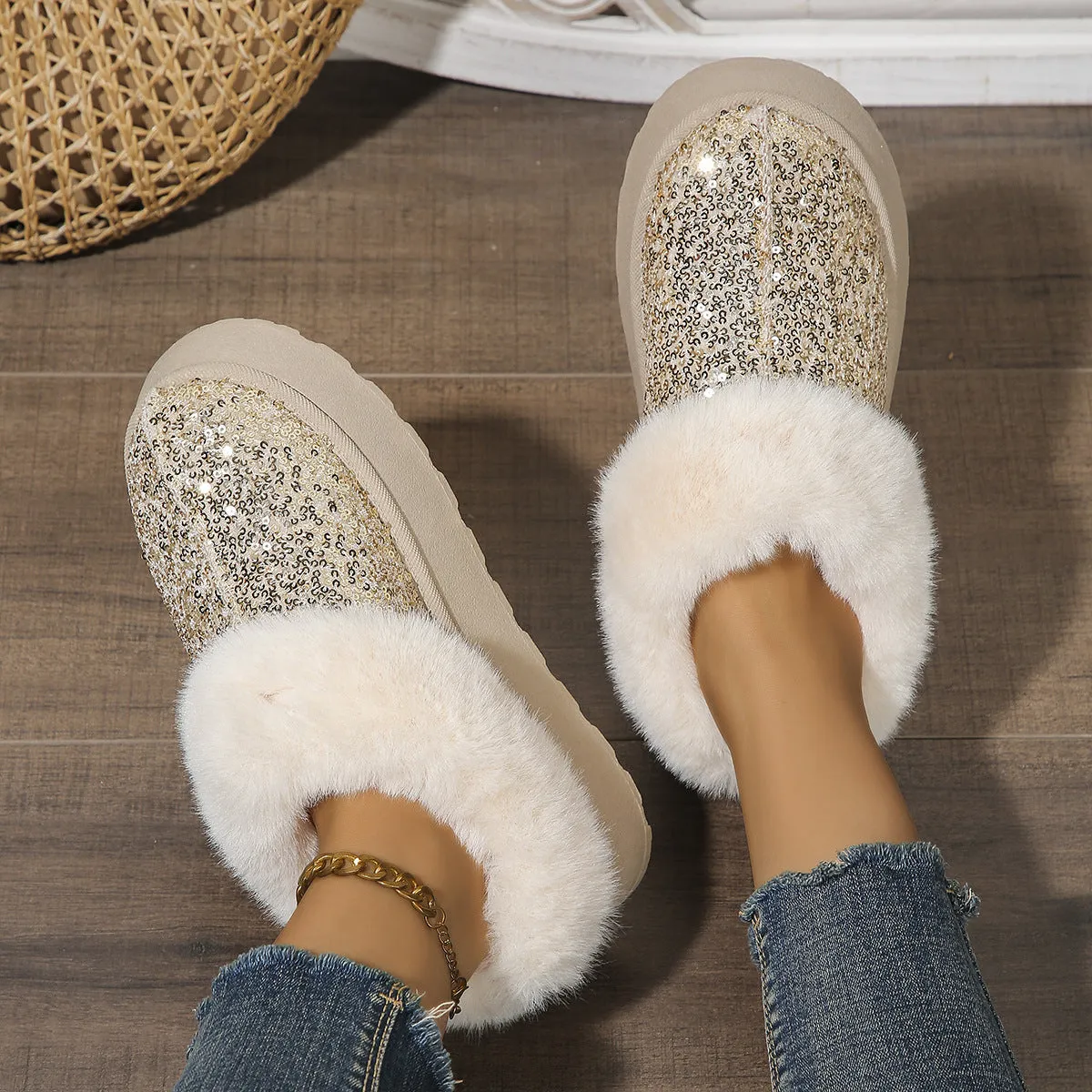 Fashion  Warm Slippers Sequined Thick-soled