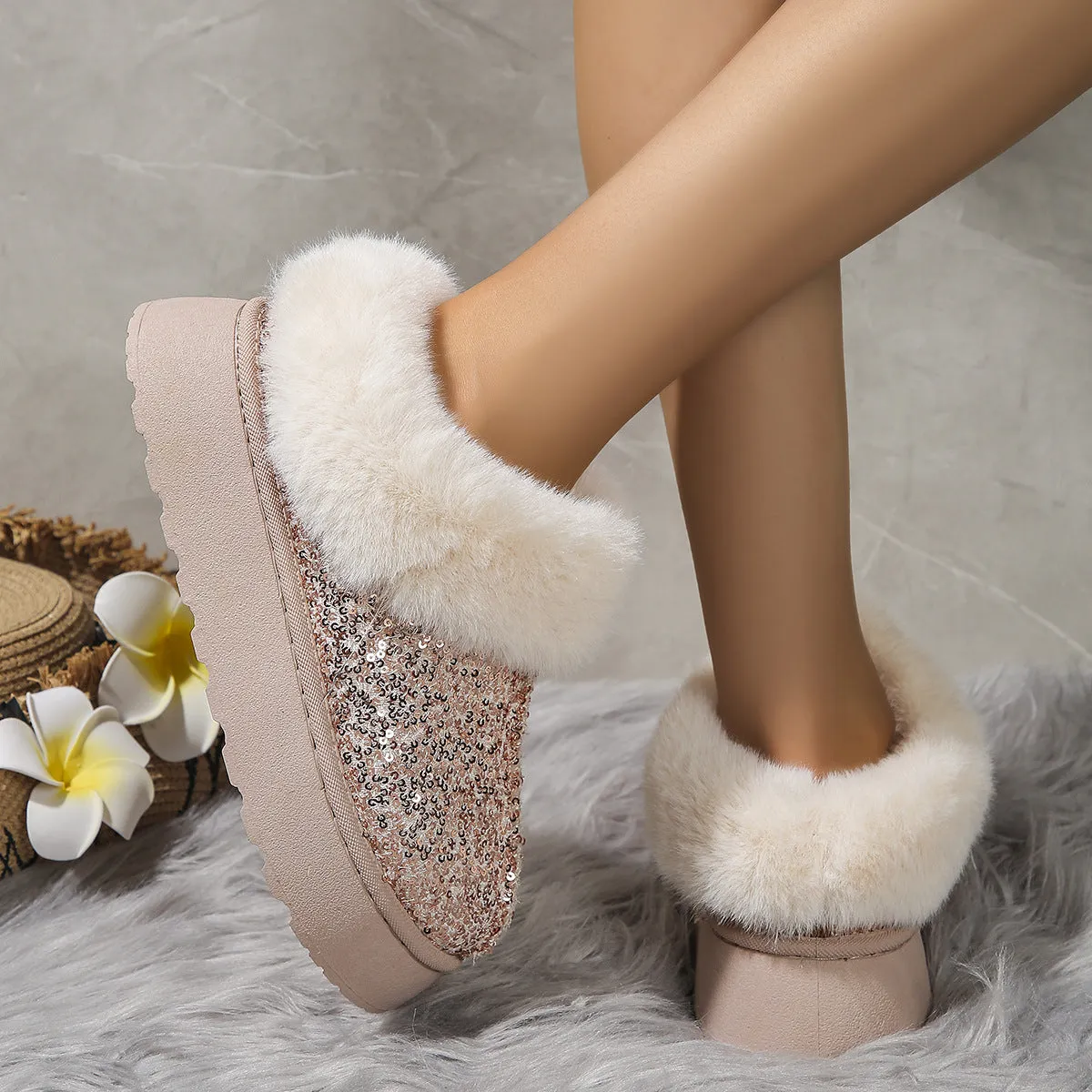 Fashion  Warm Slippers Sequined Thick-soled