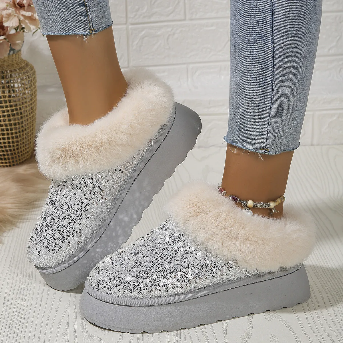 Fashion  Warm Slippers Sequined Thick-soled