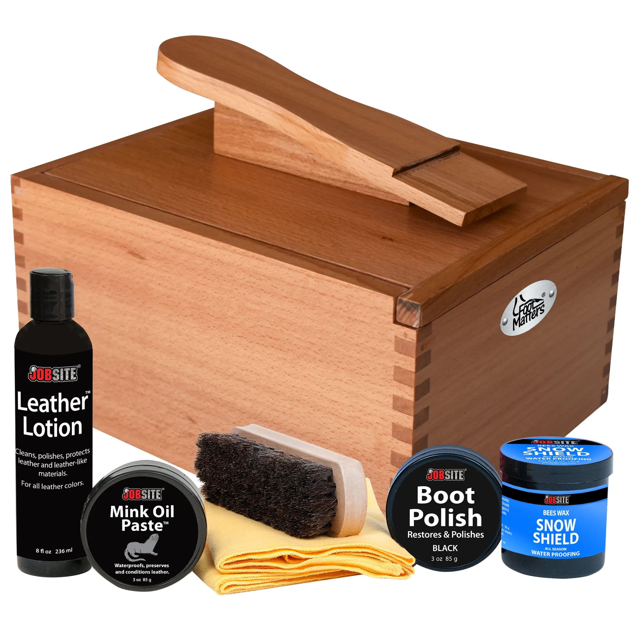 FootMatters Shoe Shine Valet Box - Hardwood Boot & Shoe Care Polish Kit