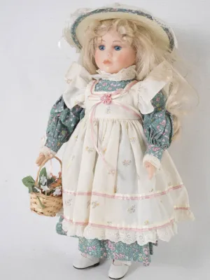 French Porcelain doll w/ blonde hair and pretty floral & lace dress 16¼"