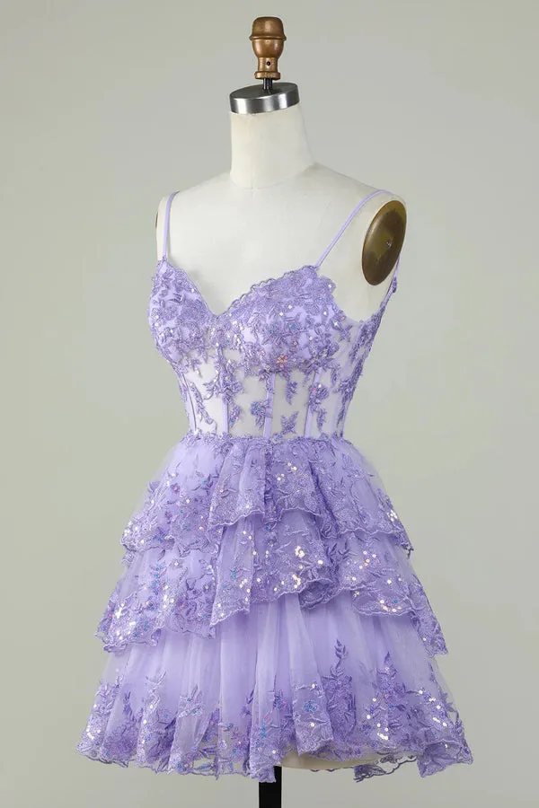 Glitter Lace Corset Ruffle Tiered Lavender Homecoming Dress PD503