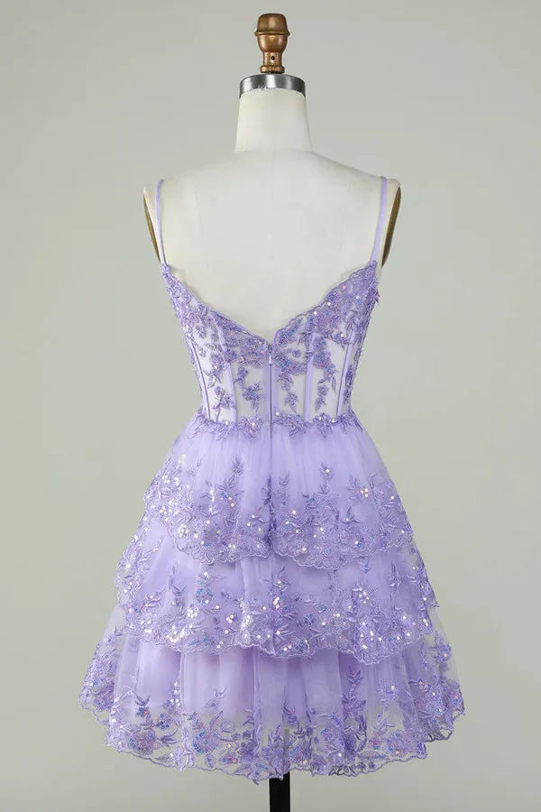 Glitter Lace Corset Ruffle Tiered Lavender Homecoming Dress PD503