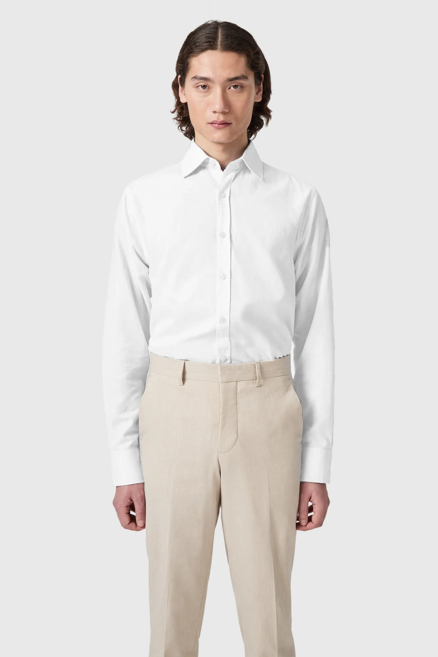 Grafton Slim Fit Spread Collar White Linen Shirt