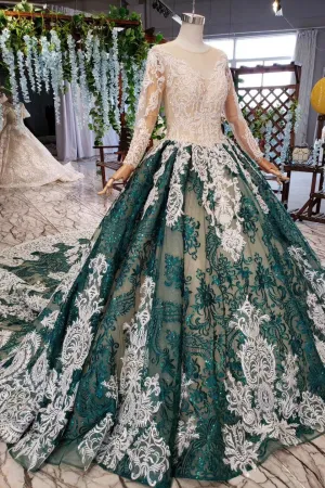 Green Long Sleeves Ball Gown Lace Prom Dress with Appliques, Long Prom Gown UQ2198