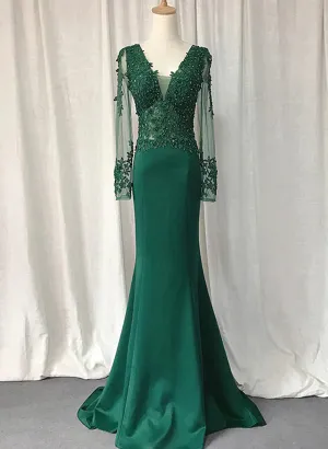 Green Mermaid Long Sleeves with Lace Applique Evening Dress, Green Prom Dress