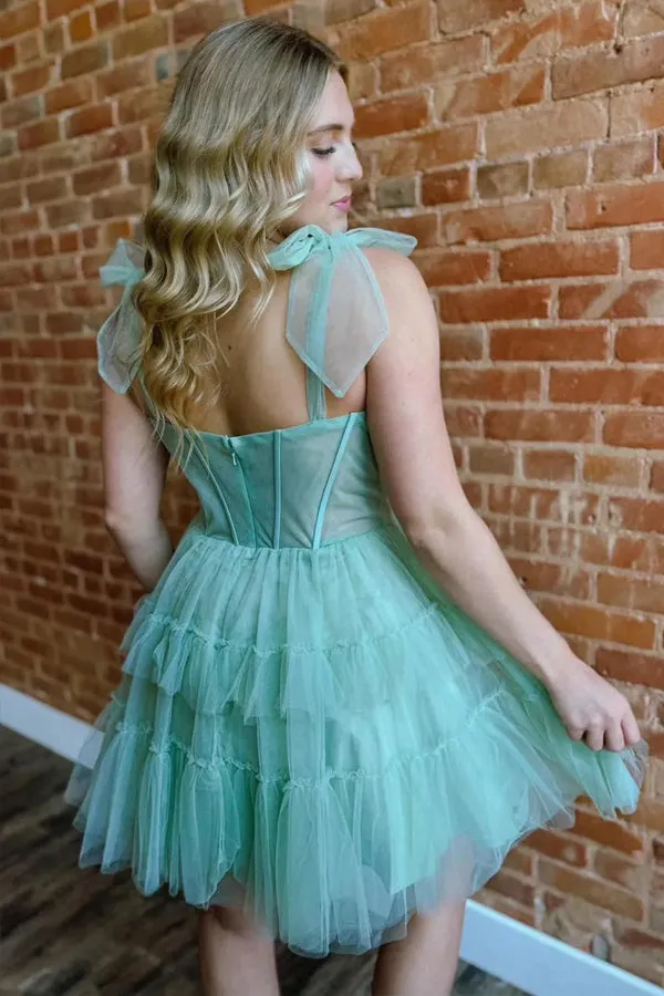 Green Straps A-Line Tulle Tiered Short Corset Homecoming Dress PD545