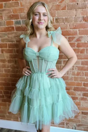 Green Straps A-Line Tulle Tiered Short Corset Homecoming Dress PD545