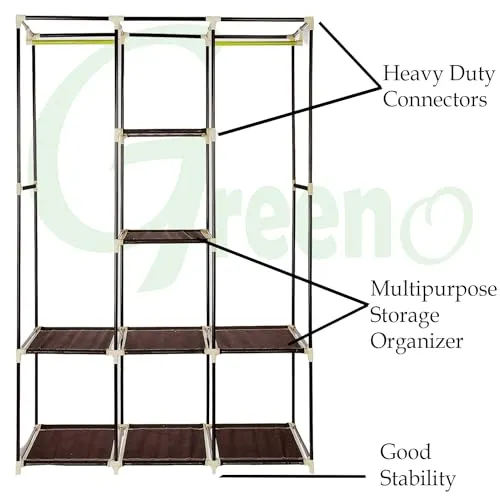 Greeno Wardrobe Storage Organizer for Home, Cloths, Shoes, Foldable with 3 Door 10 Rack Storage Hard PVC Pipes (Brown)