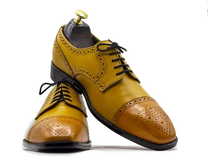 Handmade Elegant Dress Tan Lace Up Leather Cap Toe Shoes For Men's