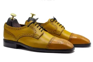 Handmade Elegant Dress Tan Lace Up Leather Cap Toe Shoes For Men's