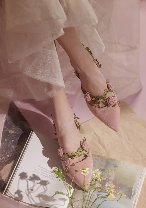 Handmade Fairycore Rose Kitten Heel Shoes