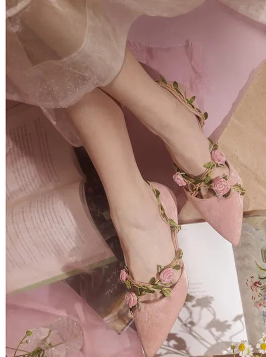 Handmade Fairycore Rose Kitten Heel Shoes