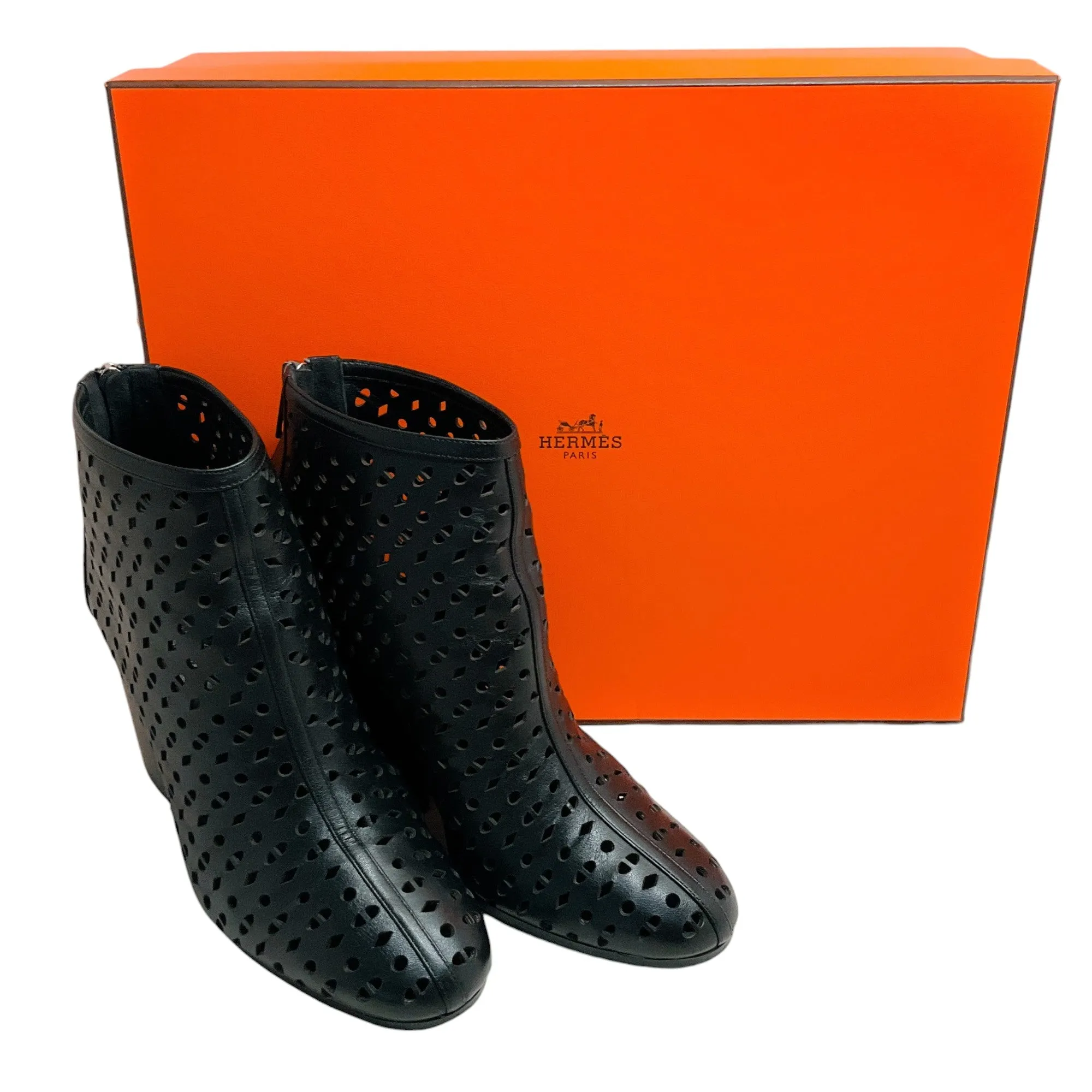 Hermes Black Leather Milady Laser Cut Booties