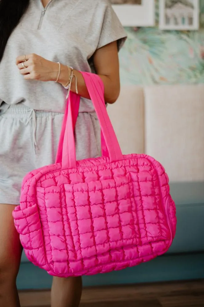 Hot Pink Quilted Duffel Weekender Bag w/ Pass-Thru Slip