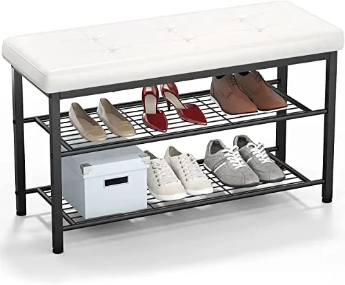 Indian Decor 44572 Shoe Bench, 3 Tier Shoe Rack for Entryway, Metal Frame, Faux Leather Bench Seat, Shoe Rack Bench Organizer with Mesh Seat, Black with White Cushion